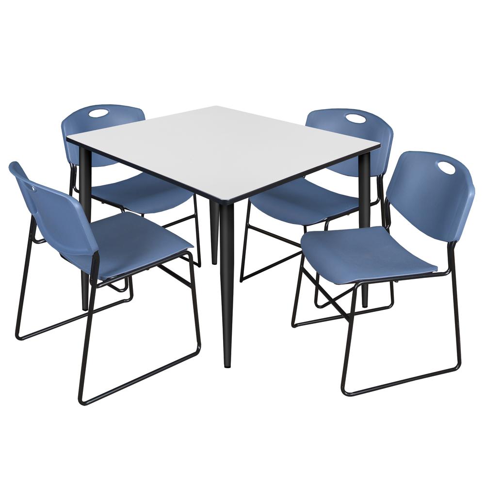 Regency Kahlo 48 in. Square Breakroom Table- White, Black Base & 4 Zeng Stack Chairs- Blue. Picture 1
