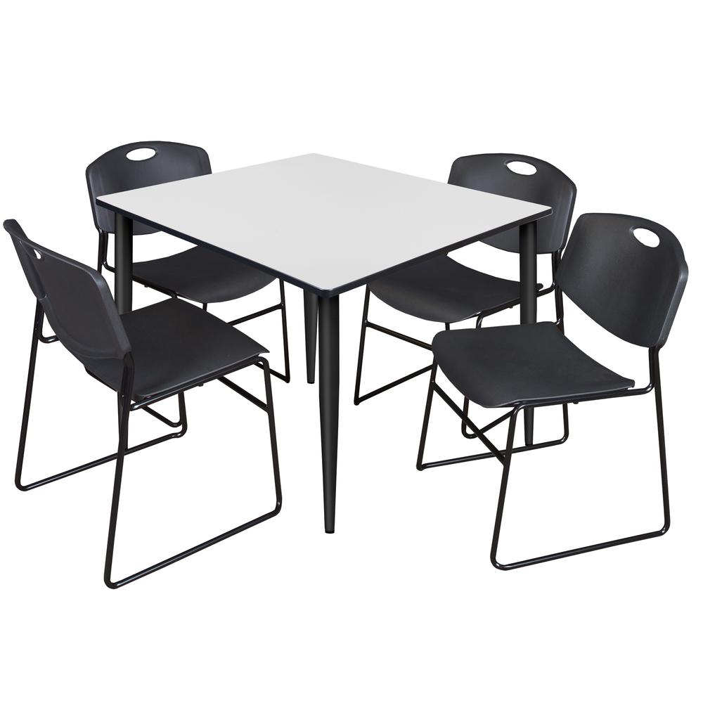 Regency Kahlo 48 in. Square Breakroom Table- White, Black Base & 4 Zeng Stack Chairs- Black. Picture 1