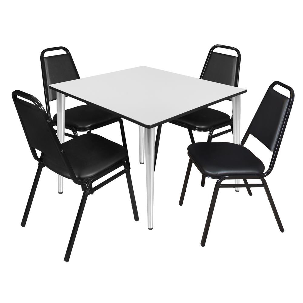 Regency Kahlo 48 in. Square Breakroom Table- White Top, Chrome Base & 4 Restaurant Stack Chairs- Black. Picture 1