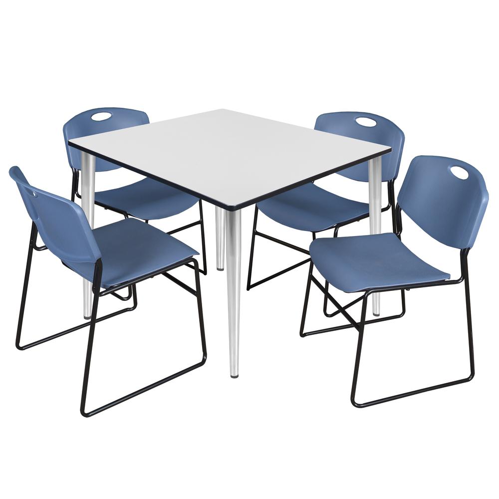Regency Kahlo 48 in. Square Breakroom Table- White Top, Chrome Base & 4 Zeng Stack Chairs- Blue. Picture 1