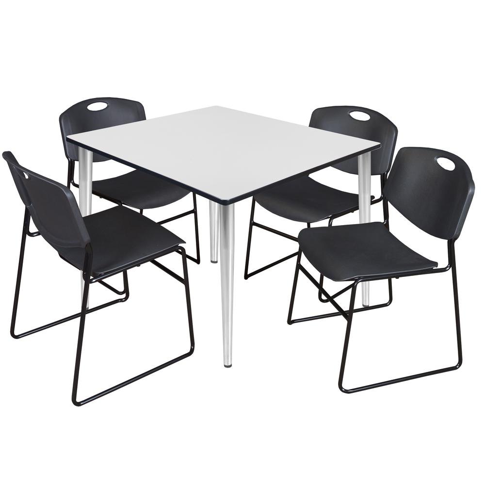 Regency Kahlo 48 in. Square Breakroom Table- White Top, Chrome Base & 4 Zeng Stack Chairs- Black. Picture 1