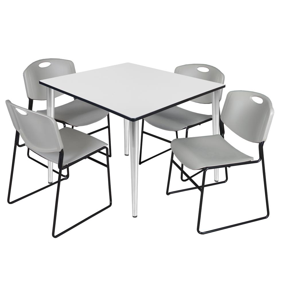 Regency Kahlo 48 in. Square Breakroom Table- White Top, Chrome Base & 4 Zeng Stack Chairs- Grey. Picture 1