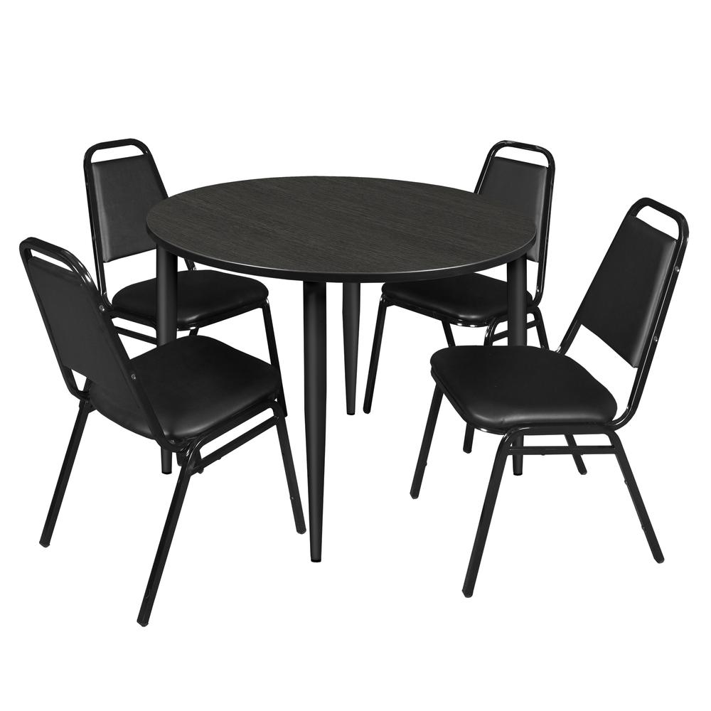 Regency Kahlo 48 in. Round Breakroom Table- Ash Grey Top, Black Base & 4 Restaurant Stack Chairs- Black. Picture 1