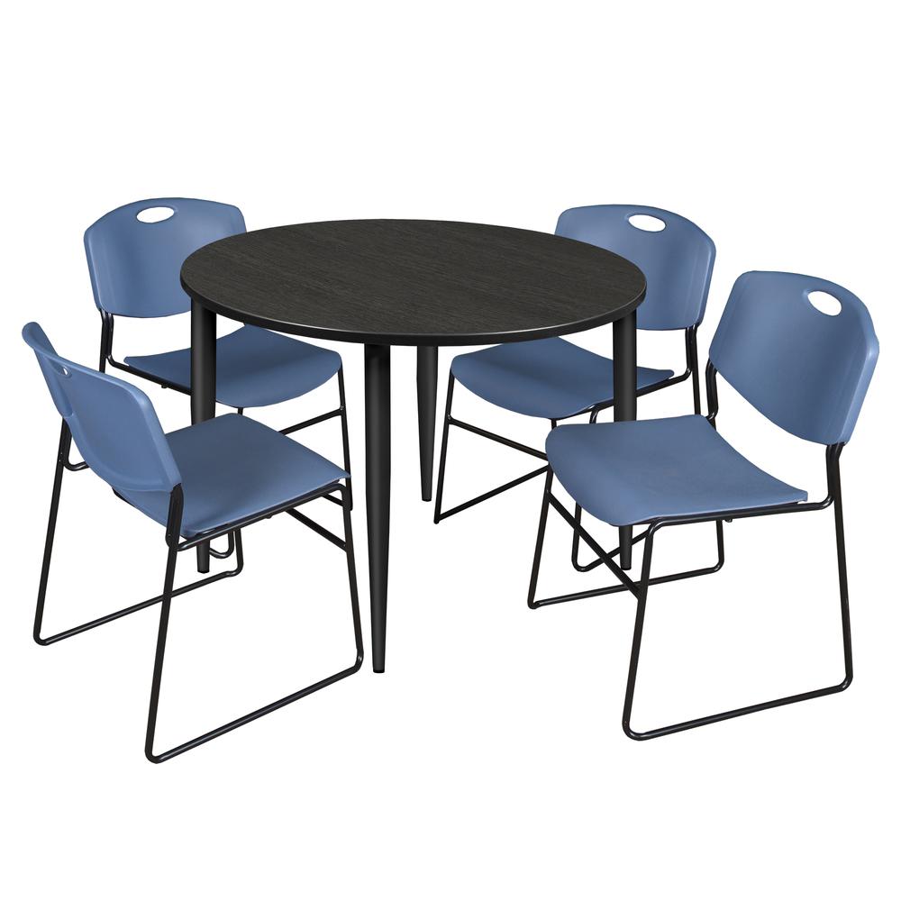 Regency Kahlo 48 in. Round Breakroom Table- Ash Grey Top, Black Base & 4 Zeng Stack Chairs- Blue. Picture 1