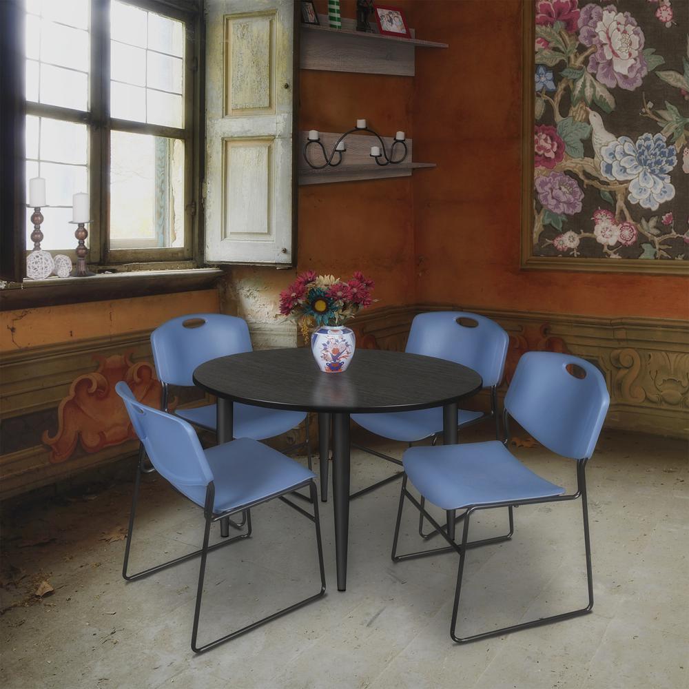 Regency Kahlo 48 in. Round Breakroom Table- Ash Grey Top, Black Base & 4 Zeng Stack Chairs- Blue. Picture 7