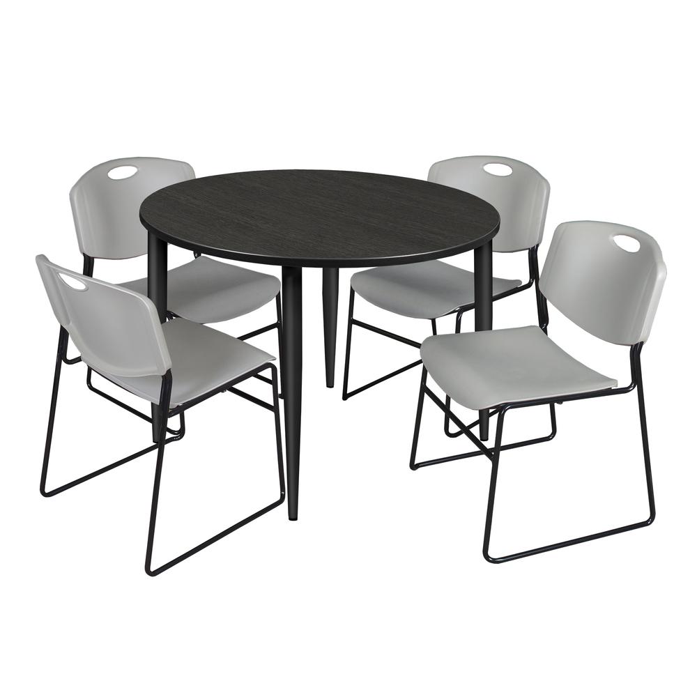 Regency Kahlo 48 in. Round Breakroom Table- Ash Grey Top, Black Base & 4 Zeng Stack Chairs- Grey. Picture 1