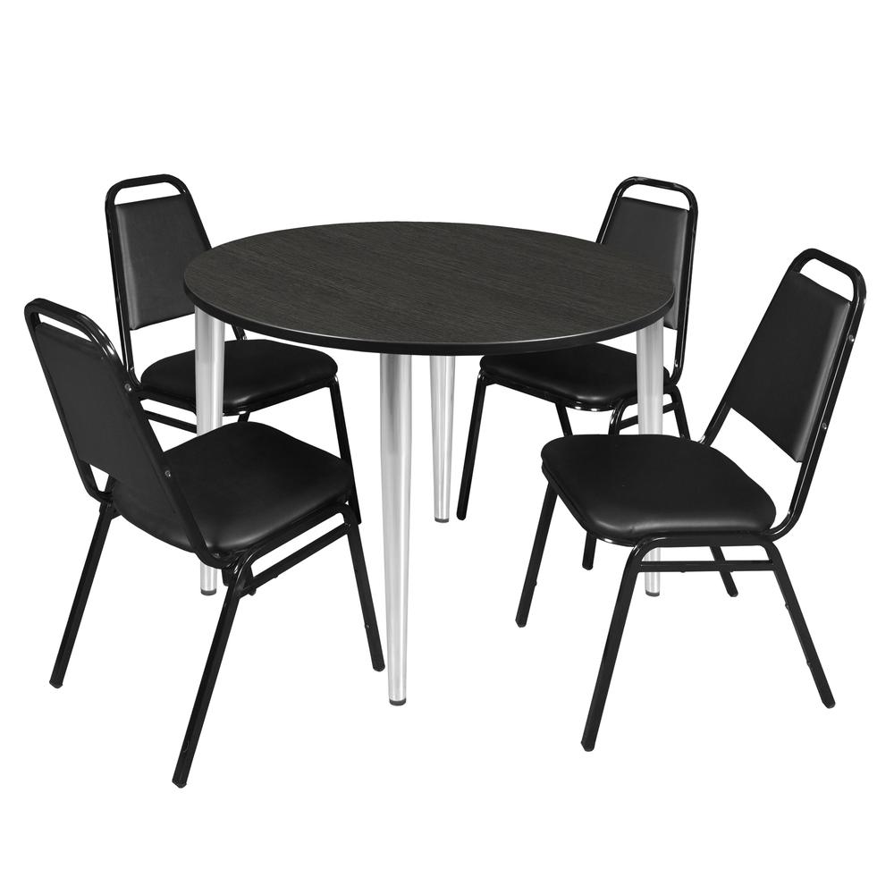 Regency Kahlo 48 in. Round Breakroom Table- Ash Grey Top, Chrome Base & 4 Restaurant Stack Chairs- Black. Picture 1