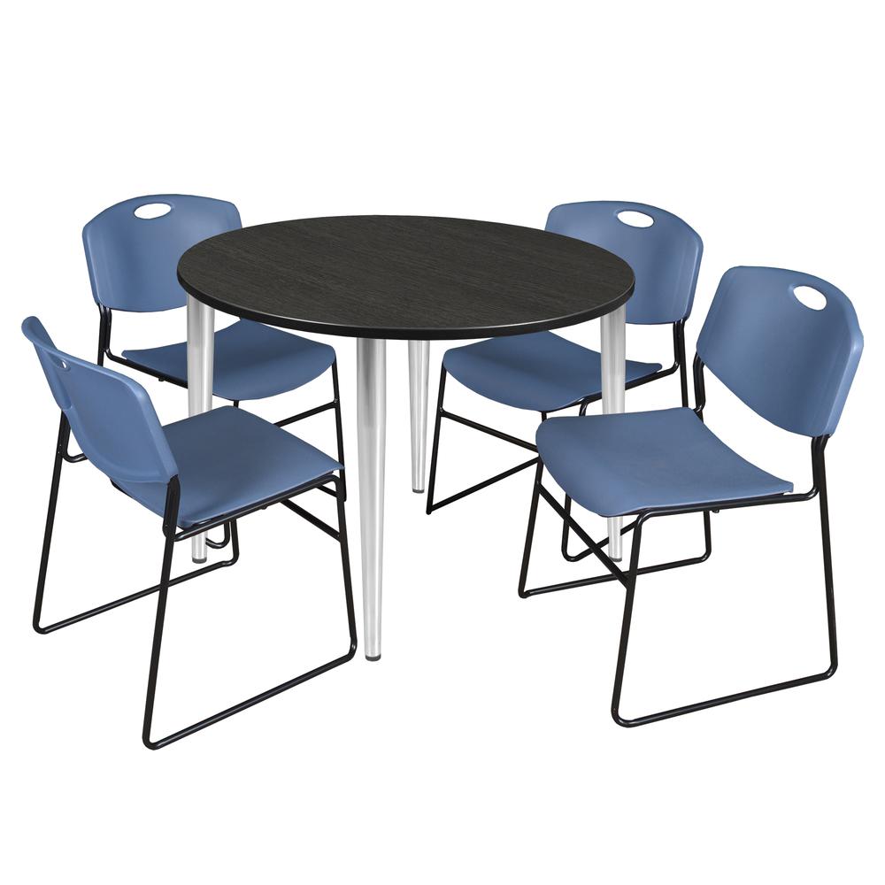 Regency Kahlo 48 in. Round Breakroom Table- Ash Grey Top, Chrome Base & 4 Zeng Stack Chairs- Blue. Picture 1