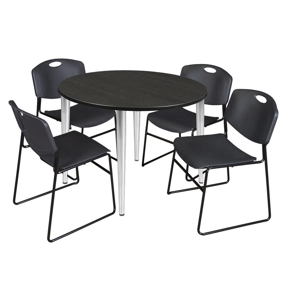 Regency Kahlo 48 in. Round Breakroom Table- Ash Grey Top, Chrome Base & 4 Zeng Stack Chairs- Black. Picture 1