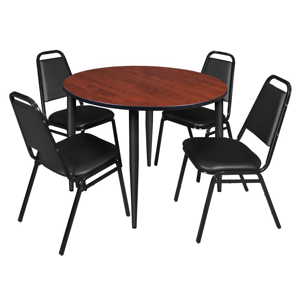 Regency Kahlo 48 in. Round Breakroom Table- Cherry Top, Black Base & 4 Restaurant Stack Chairs- Black. Picture 1
