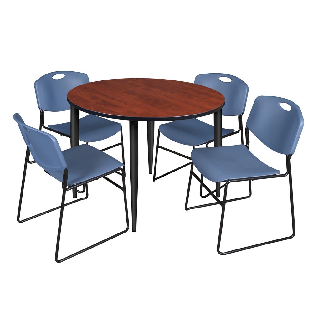 Regency Kahlo 48 in. Round Breakroom Table- Cherry Top, Black Base & 4 Zeng Stack Chairs- Blue. Picture 1
