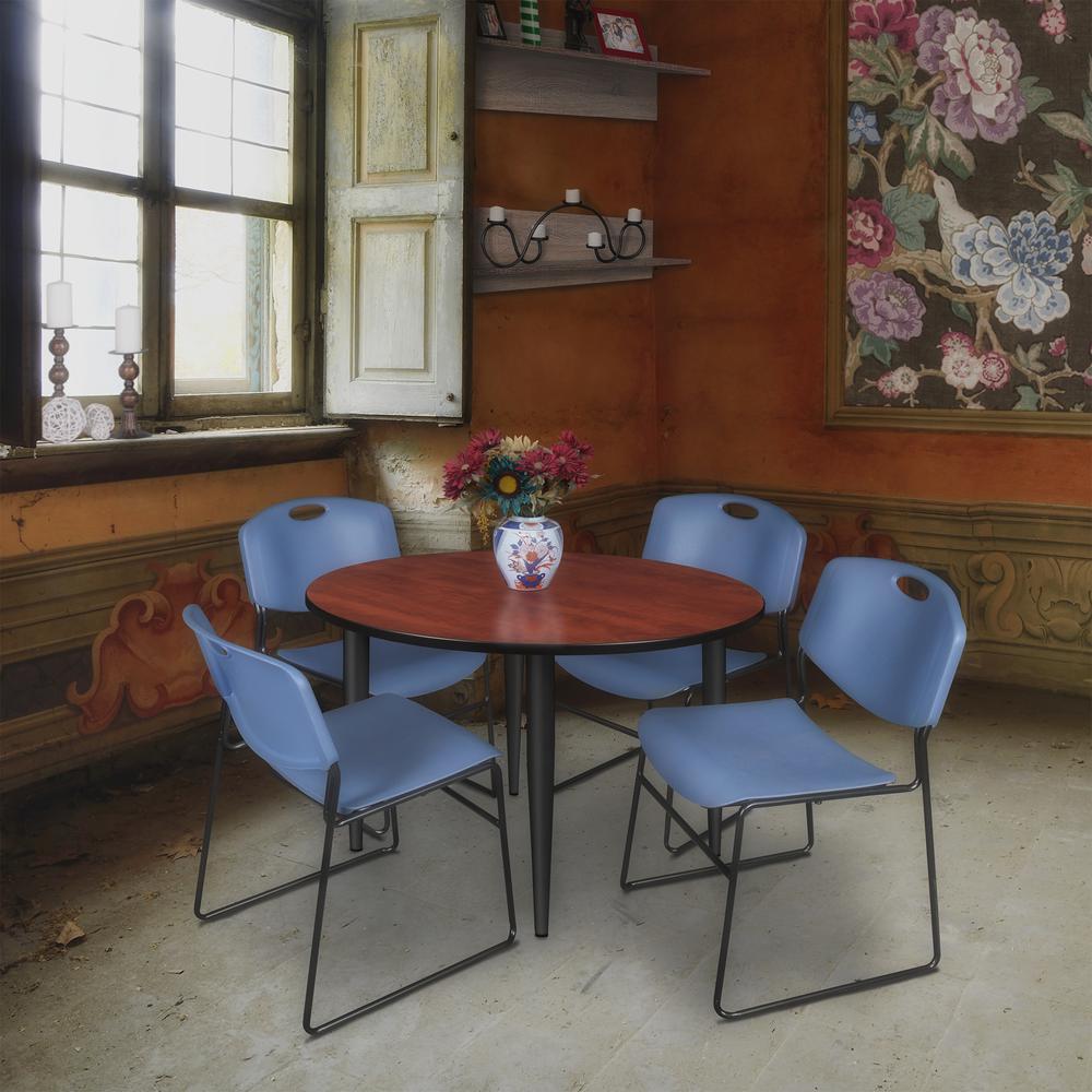 Regency Kahlo 48 in. Round Breakroom Table- Cherry Top, Black Base & 4 Zeng Stack Chairs- Blue. Picture 7