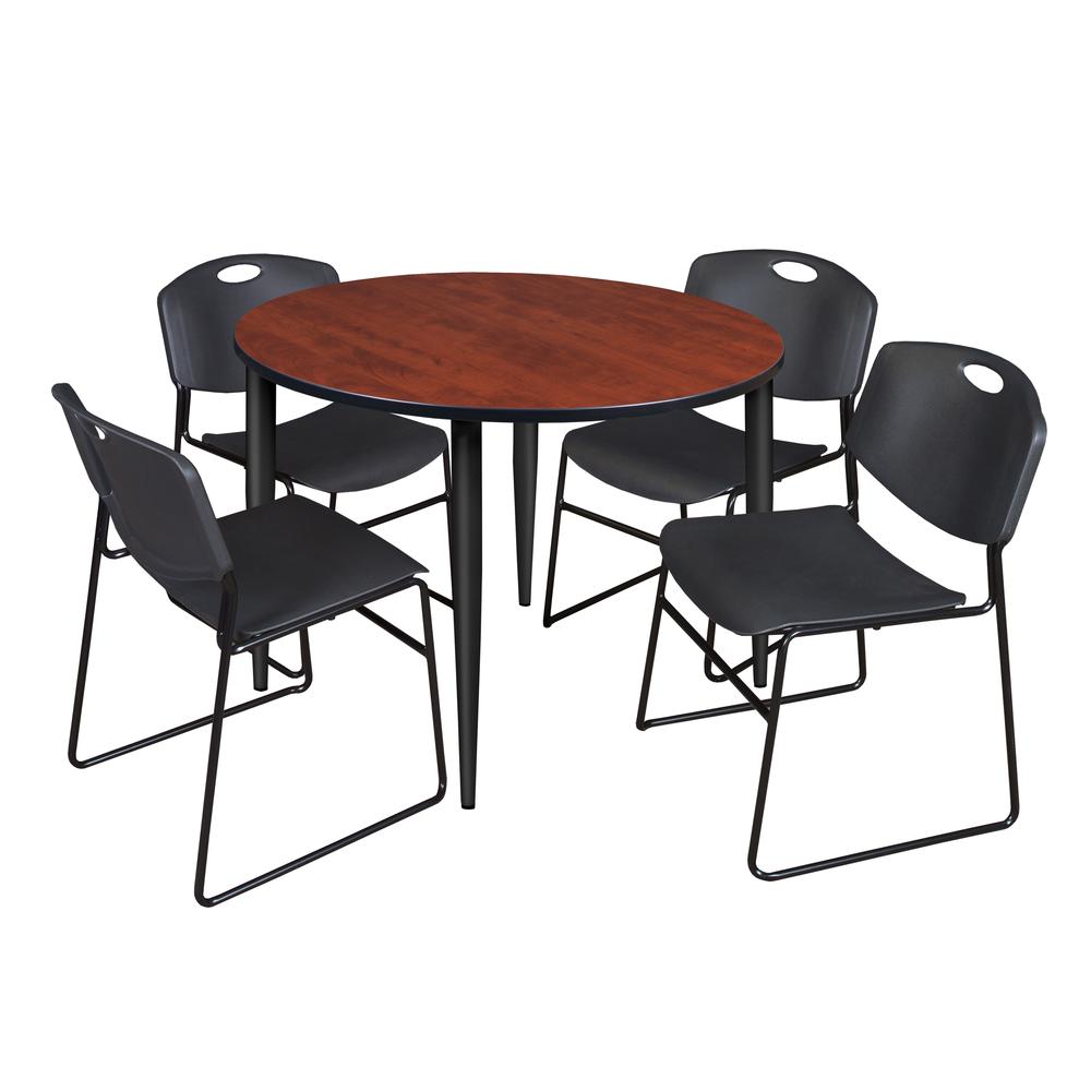 Regency Kahlo 48 in. Round Breakroom Table- Cherry Top, Black Base & 4 Zeng Stack Chairs- Black. Picture 1