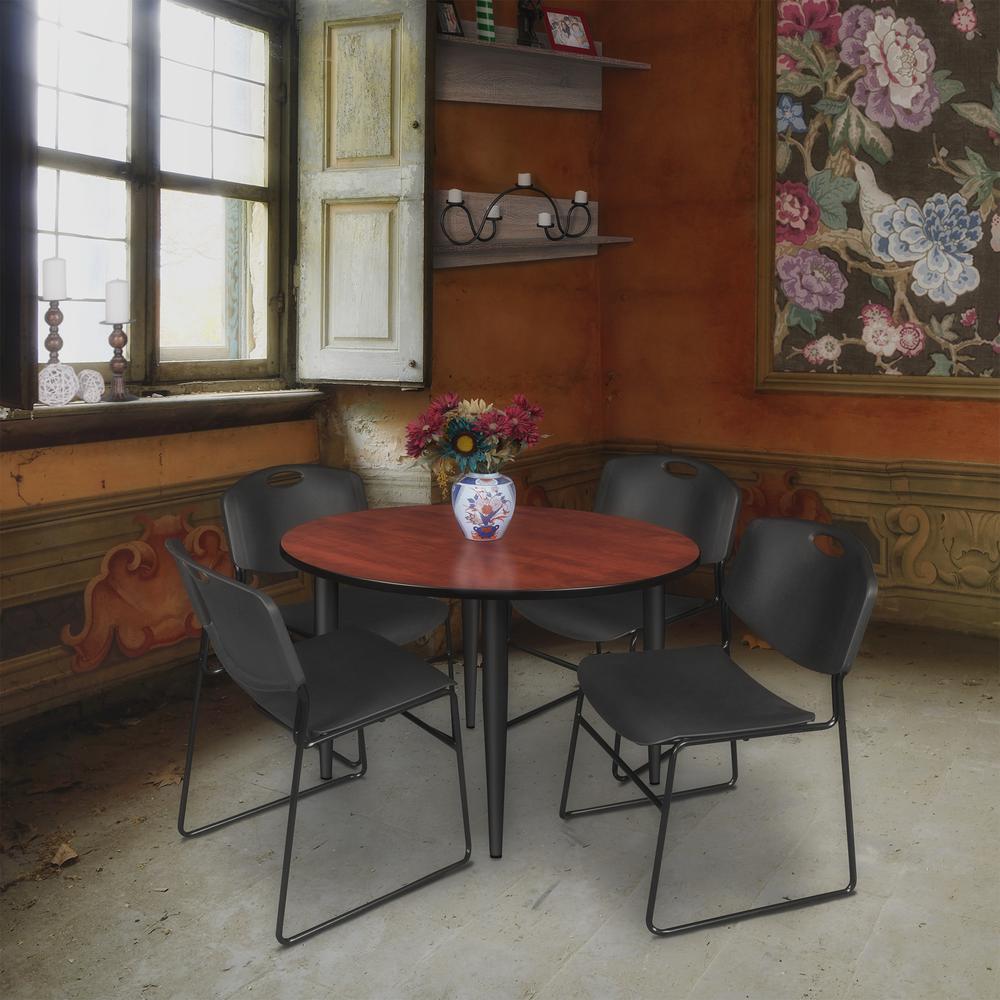 Regency Kahlo 48 in. Round Breakroom Table- Cherry Top, Black Base & 4 Zeng Stack Chairs- Black. Picture 7