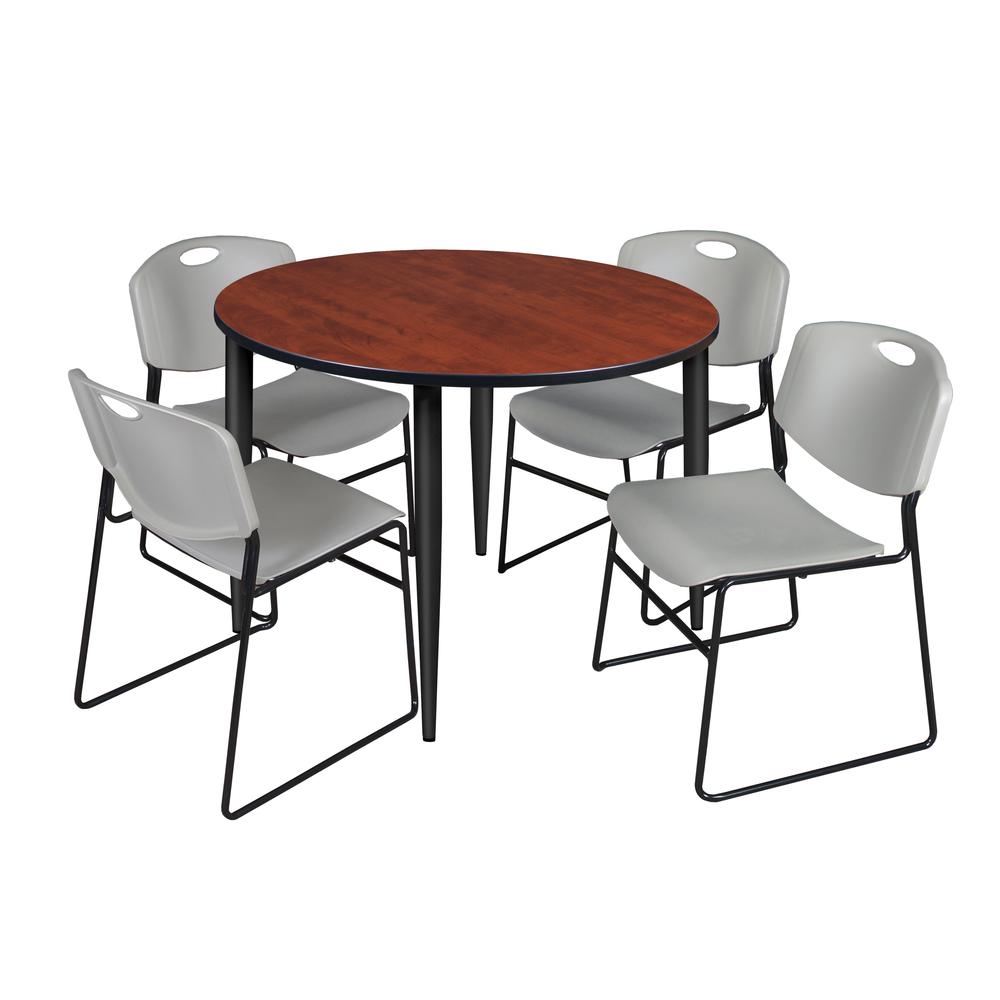 Regency Kahlo 48 in. Round Breakroom Table- Cherry Top, Black Base & 4 Zeng Stack Chairs- Grey. Picture 1