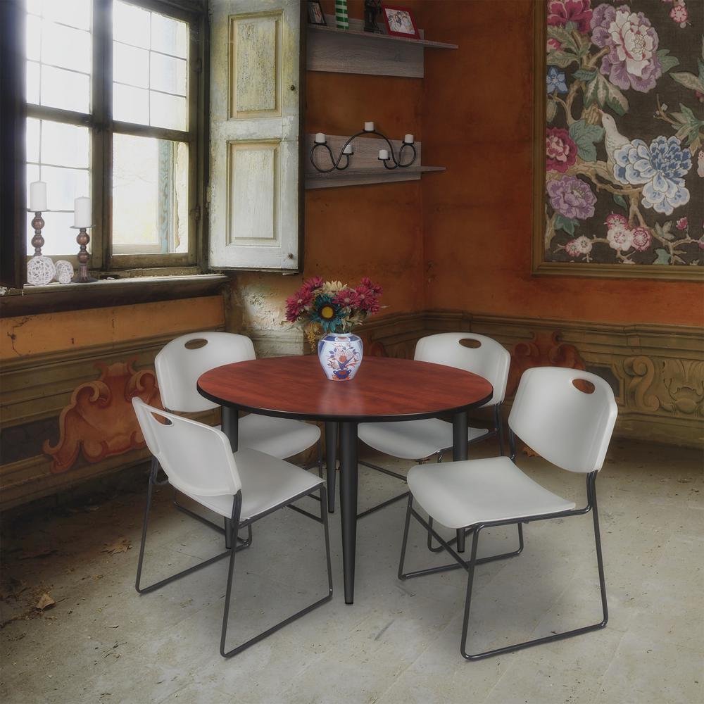 Regency Kahlo 48 in. Round Breakroom Table- Cherry Top, Black Base & 4 Zeng Stack Chairs- Grey. Picture 7