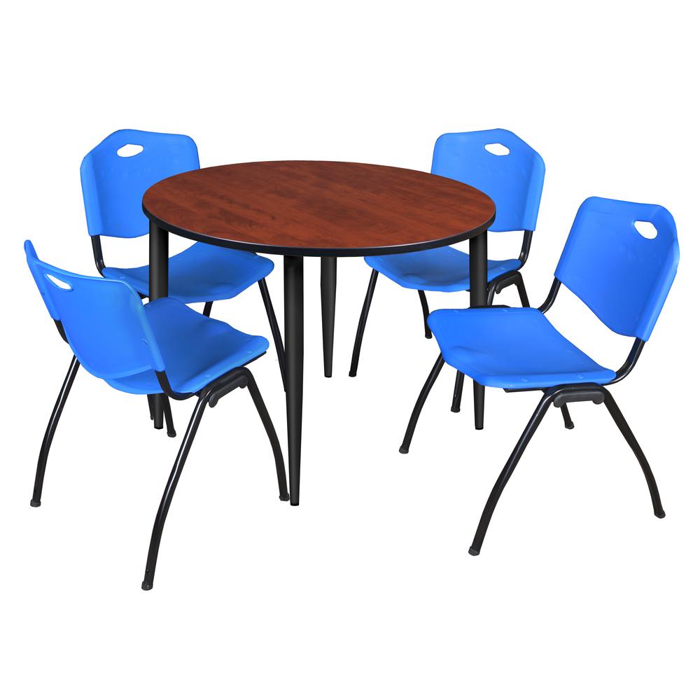 Regency Kahlo 48 in. Round Breakroom Table- Cherry Top, Black Base & 4 M Stack Chairs- Blue. Picture 1