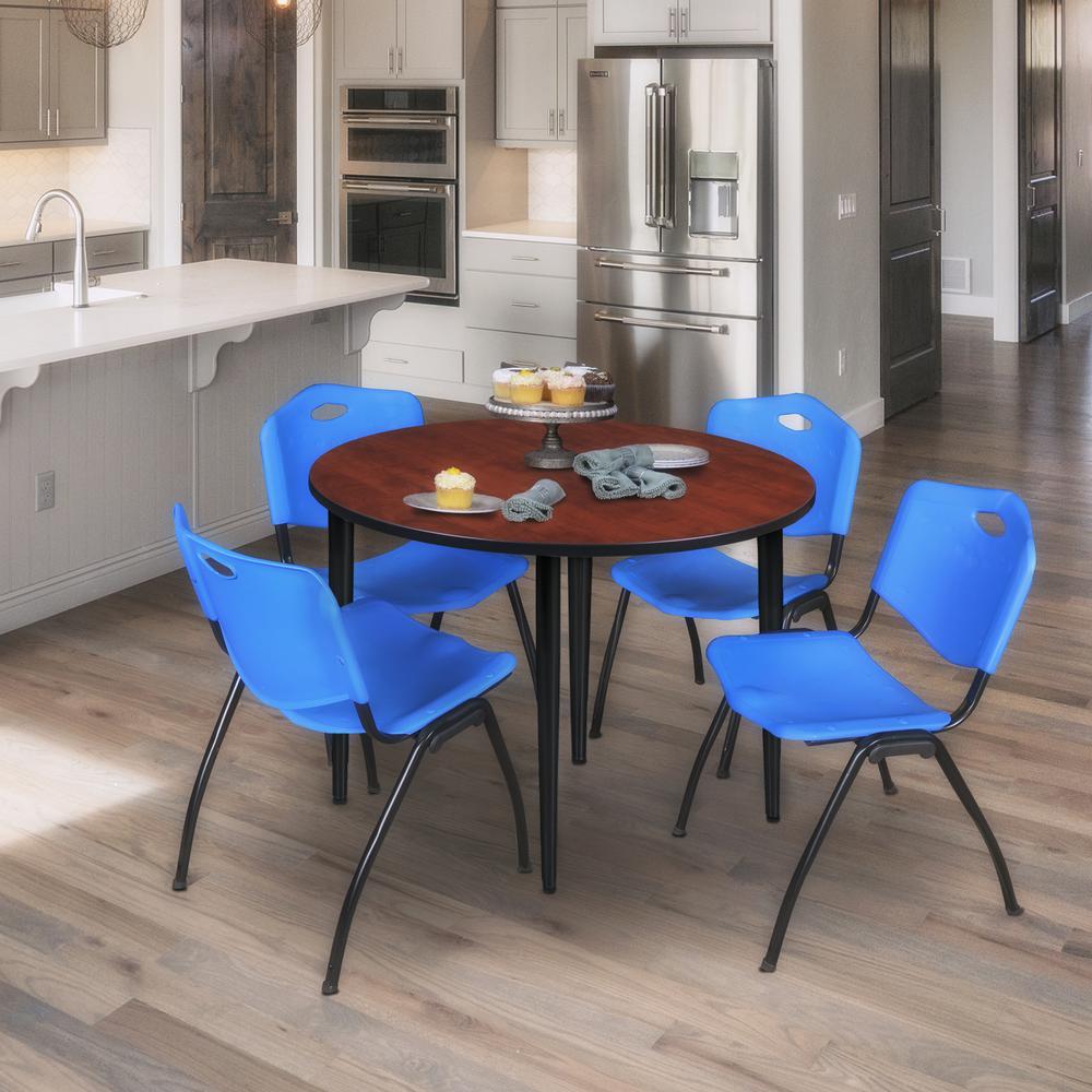 Regency Kahlo 48 in. Round Breakroom Table- Cherry Top, Black Base & 4 M Stack Chairs- Blue. Picture 7
