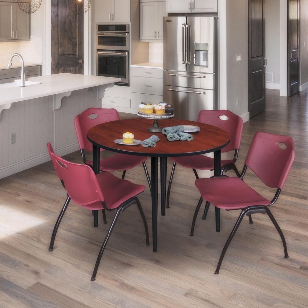 Regency Kahlo 48 in. Round Breakroom Table- Cherry Top, Black Base & 4 M Stack Chairs- Burgundy. Picture 7
