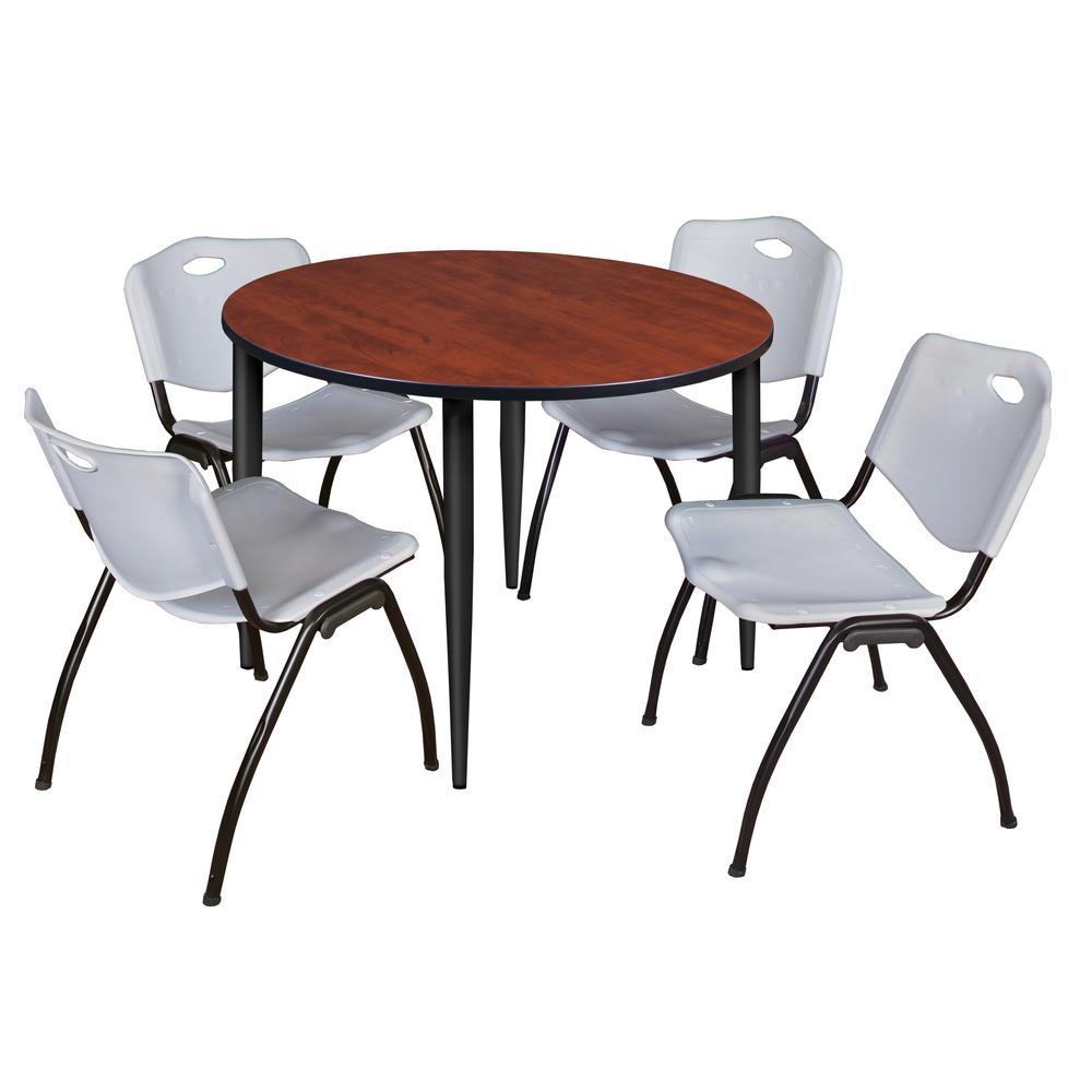 Regency Kahlo 48 in. Round Breakroom Table- Cherry Top, Black Base & 4 M Stack Chairs- Grey. Picture 1
