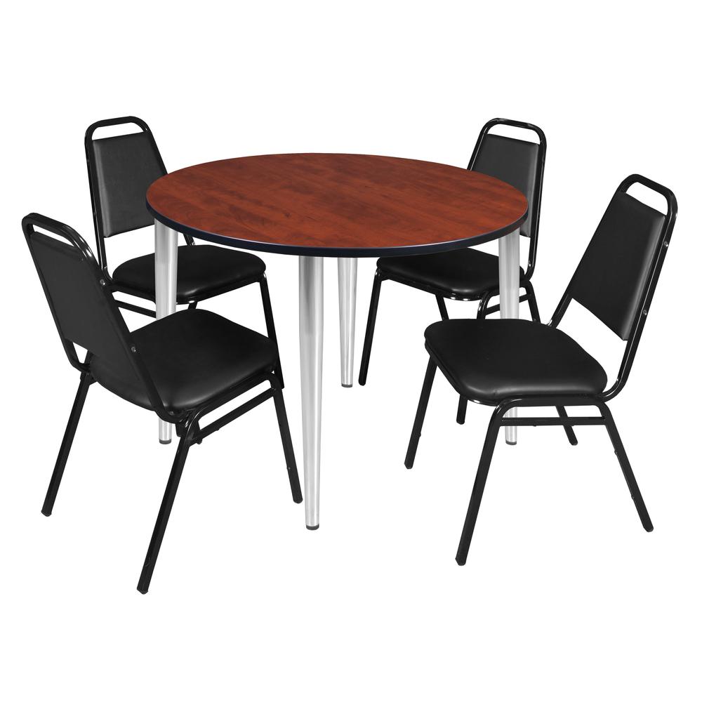 Regency Kahlo 48 in. Round Breakroom Table- Cherry Top, Chrome Base & 4 Restaurant Stack Chairs- Black. Picture 1