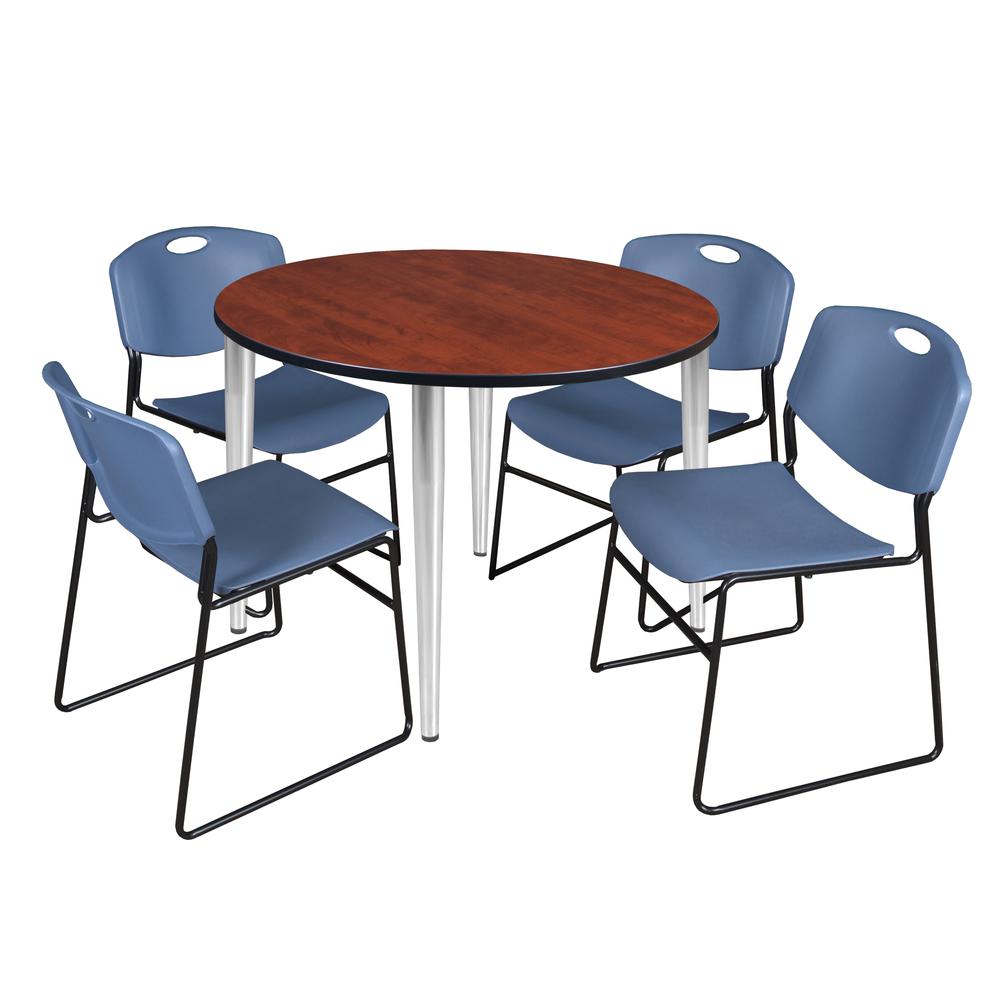 Regency Kahlo 48 in. Round Breakroom Table- Cherry Top, Chrome Base & 4 Zeng Stack Chairs- Blue. Picture 1