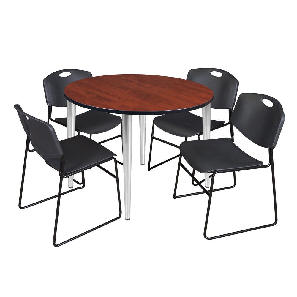 Regency Kahlo 48 in. Round Breakroom Table- Cherry Top, Chrome Base & 4 Zeng Stack Chairs- Black. Picture 1