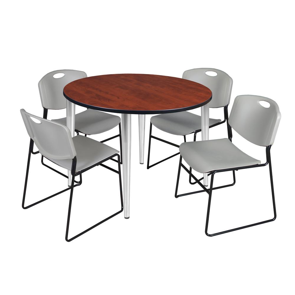 Regency Kahlo 48 in. Round Breakroom Table- Cherry Top, Chrome Base & 4 Zeng Stack Chairs- Grey. Picture 1