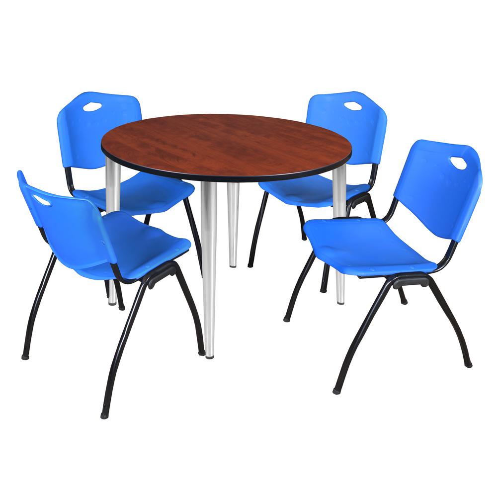 Regency Kahlo 48 in. Round Breakroom Table- Cherry Top, Chrome Base & 4 M Stack Chairs- Blue. Picture 1
