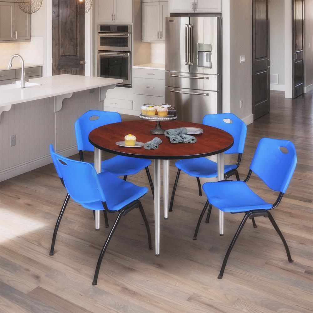 Regency Kahlo 48 in. Round Breakroom Table- Cherry Top, Chrome Base & 4 M Stack Chairs- Blue. Picture 9