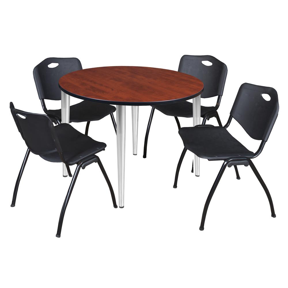 Regency Kahlo 48 in. Round Breakroom Table- Cherry Top, Chrome Base & 4 M Stack Chairs- Black. Picture 1