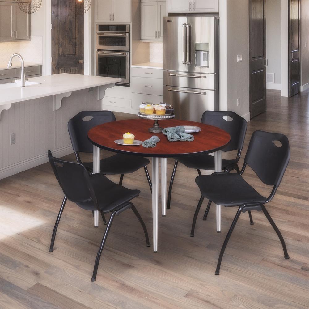 Regency Kahlo 48 in. Round Breakroom Table- Cherry Top, Chrome Base & 4 M Stack Chairs- Black. Picture 7
