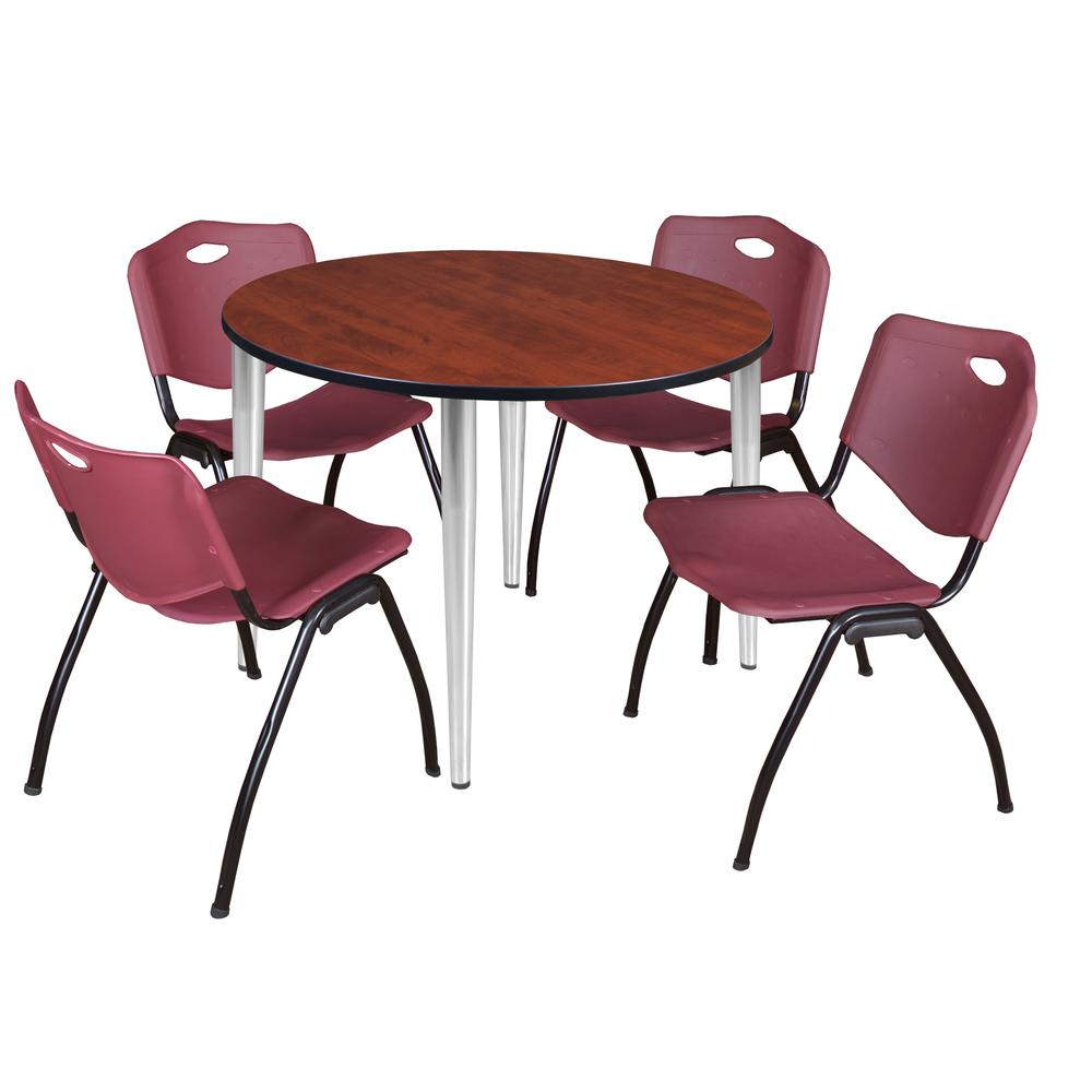 Regency Kahlo 48 in. Round Breakroom Table- Cherry Top, Chrome Base & 4 M Stack Chairs- Burgundy. Picture 1