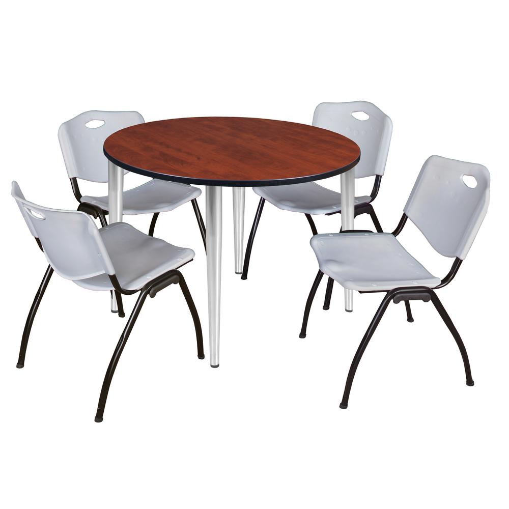 Regency Kahlo 48 in. Round Breakroom Table- Cherry Top, Chrome Base & 4 M Stack Chairs- Grey. Picture 1
