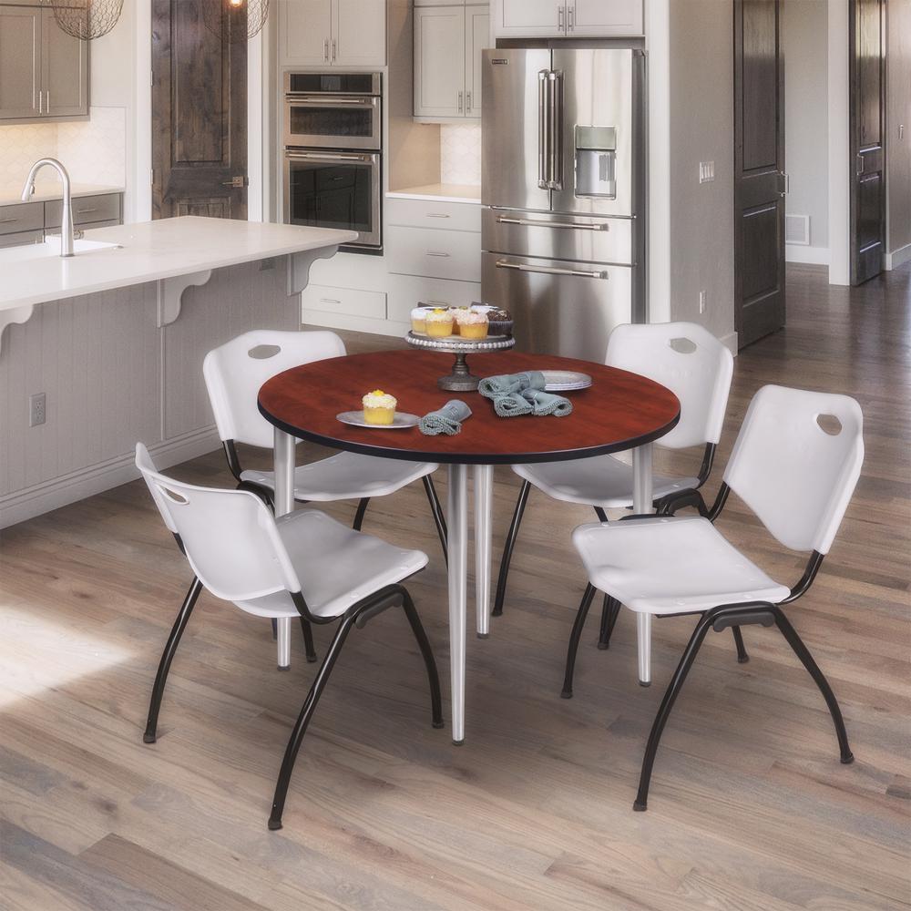 Regency Kahlo 48 in. Round Breakroom Table- Cherry Top, Chrome Base & 4 M Stack Chairs- Grey. Picture 7