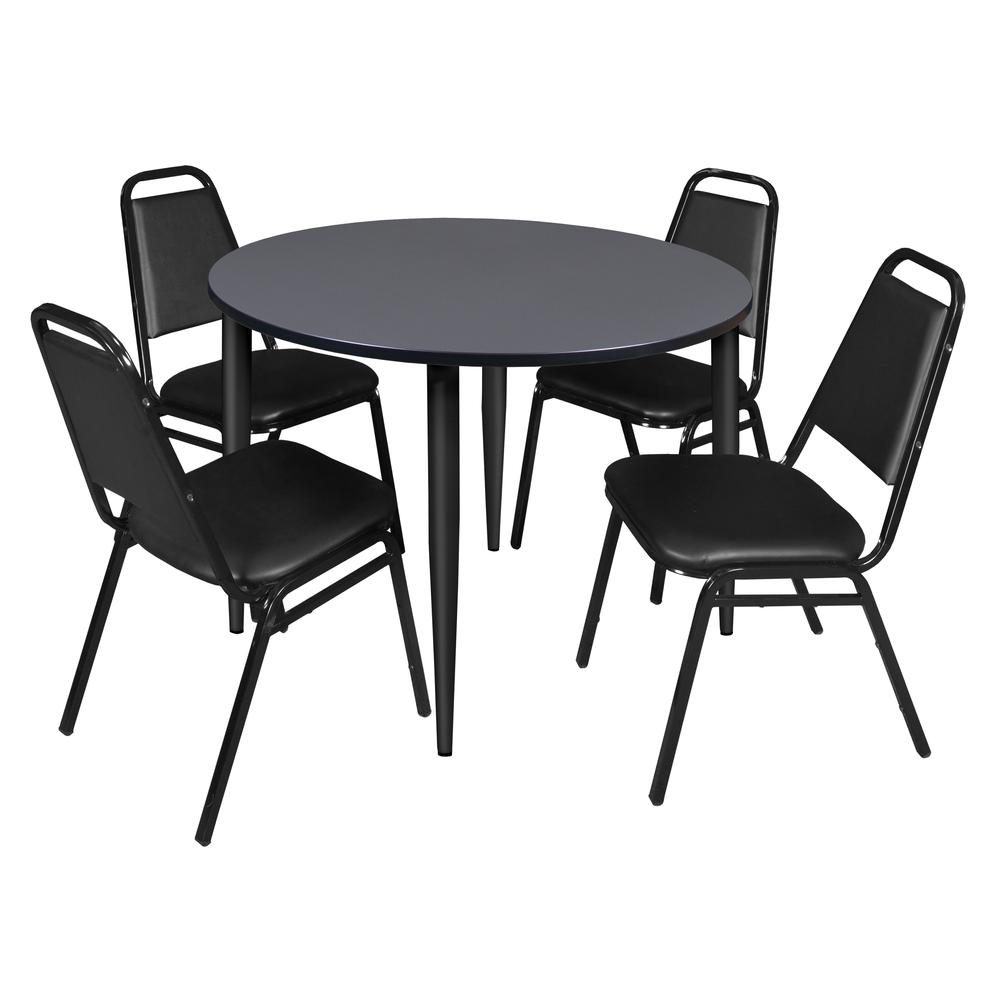 Regency Kahlo 48 in. Round Breakroom Table- Grey Top, Black Base & 4 Restaurant Stack Chairs- Black. Picture 1