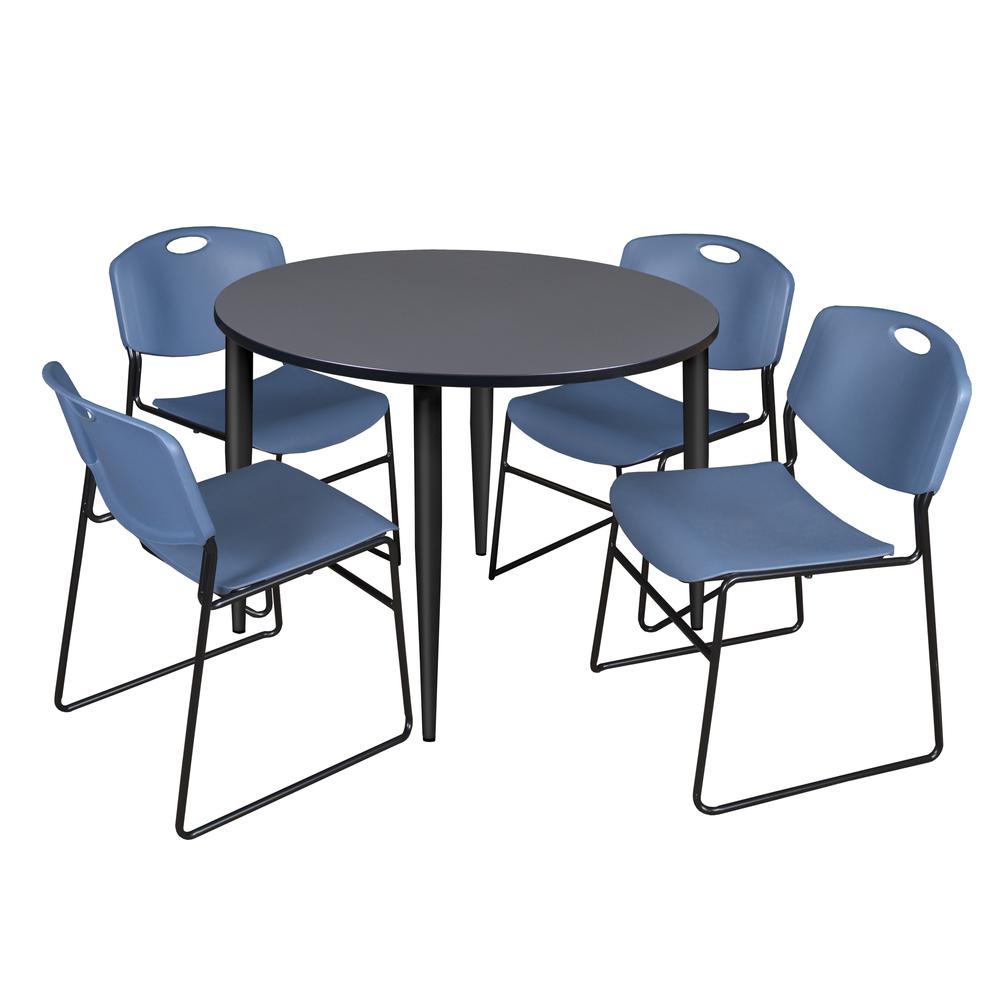 Regency Kahlo 48 in. Round Breakroom Table- Grey Top, Black Base & 4 Zeng Stack Chairs- Blue. Picture 1