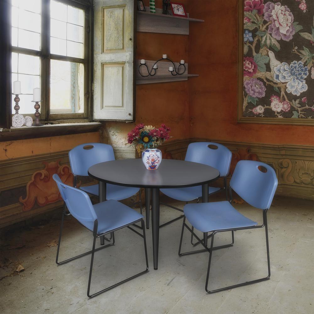 Regency Kahlo 48 in. Round Breakroom Table- Grey Top, Black Base & 4 Zeng Stack Chairs- Blue. Picture 7