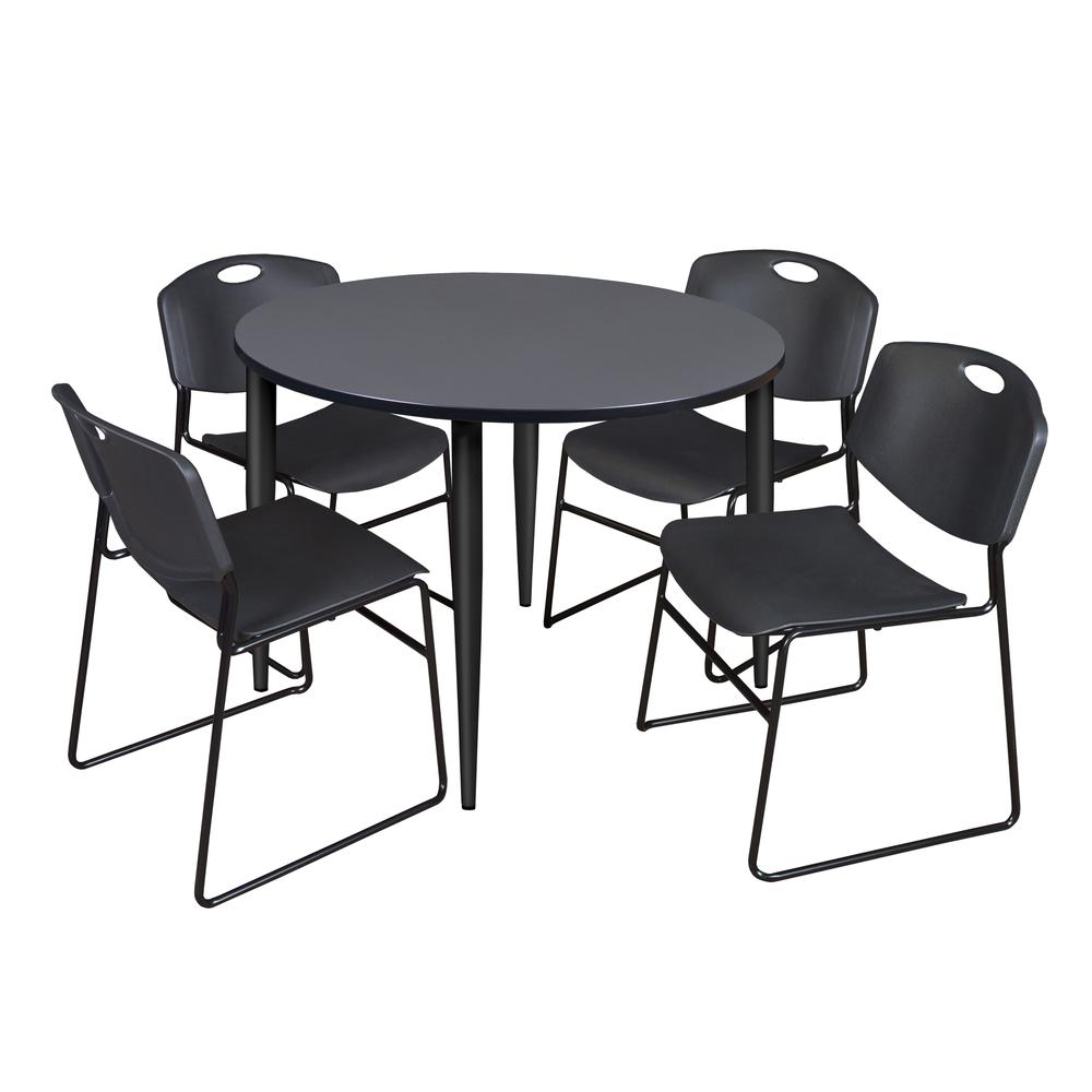 Regency Kahlo 48 in. Round Breakroom Table- Grey Top, Black Base & 4 Zeng Stack Chairs- Black. Picture 1