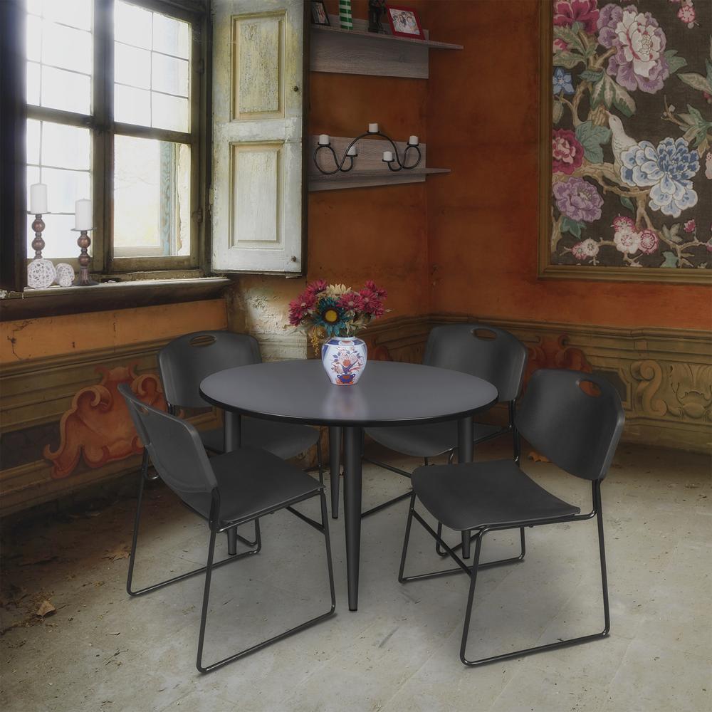 Regency Kahlo 48 in. Round Breakroom Table- Grey Top, Black Base & 4 Zeng Stack Chairs- Black. Picture 7