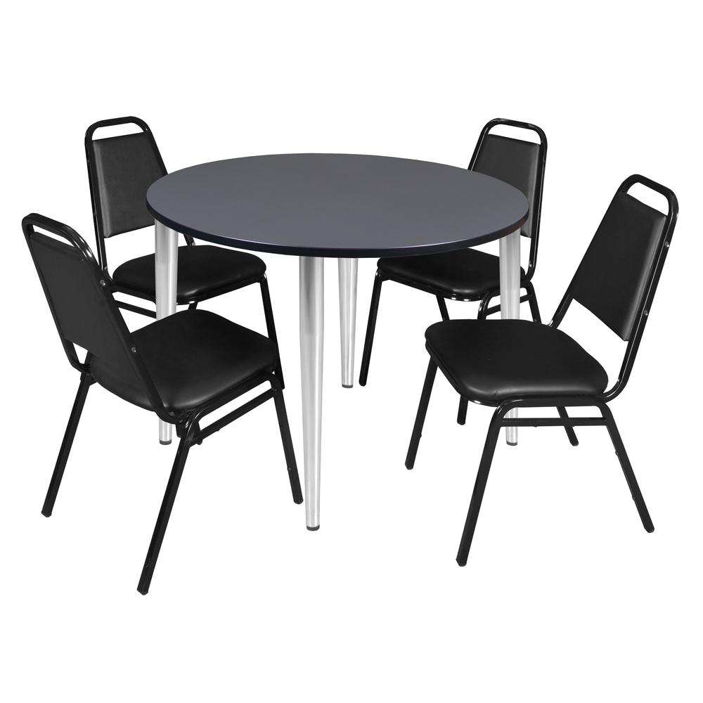 Regency Kahlo 48 in. Round Breakroom Table- Grey Top, Chrome Base & 4 Restaurant Stack Chairs- Black. Picture 1