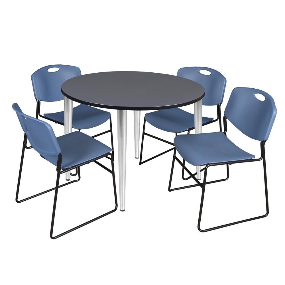 Regency Kahlo 48 in. Round Breakroom Table- Grey Top, Chrome Base & 4 Zeng Stack Chairs- Blue. Picture 1