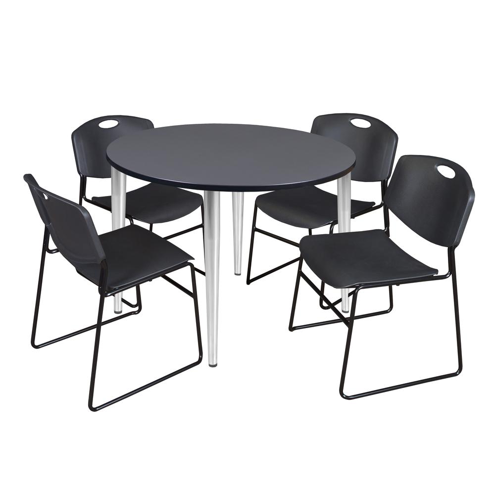 Regency Kahlo 48 in. Round Breakroom Table- Grey Top, Chrome Base & 4 Zeng Stack Chairs- Black. Picture 1