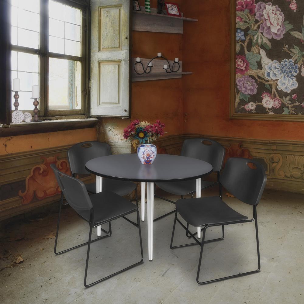 Regency Kahlo 48 in. Round Breakroom Table- Grey Top, Chrome Base & 4 Zeng Stack Chairs- Black. Picture 7