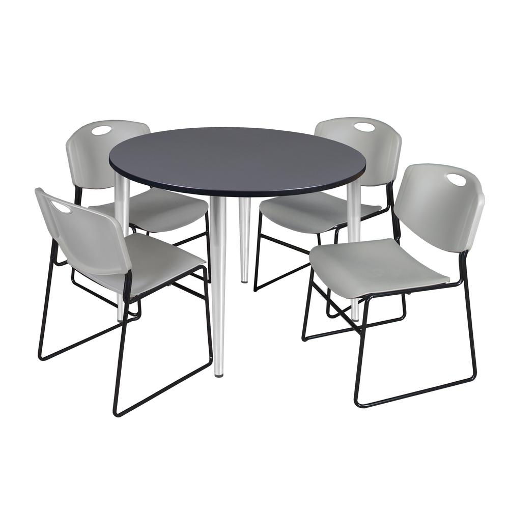 Regency Kahlo 48 in. Round Breakroom Table- Grey Top, Chrome Base & 4 Zeng Stack Chairs- Grey. Picture 1