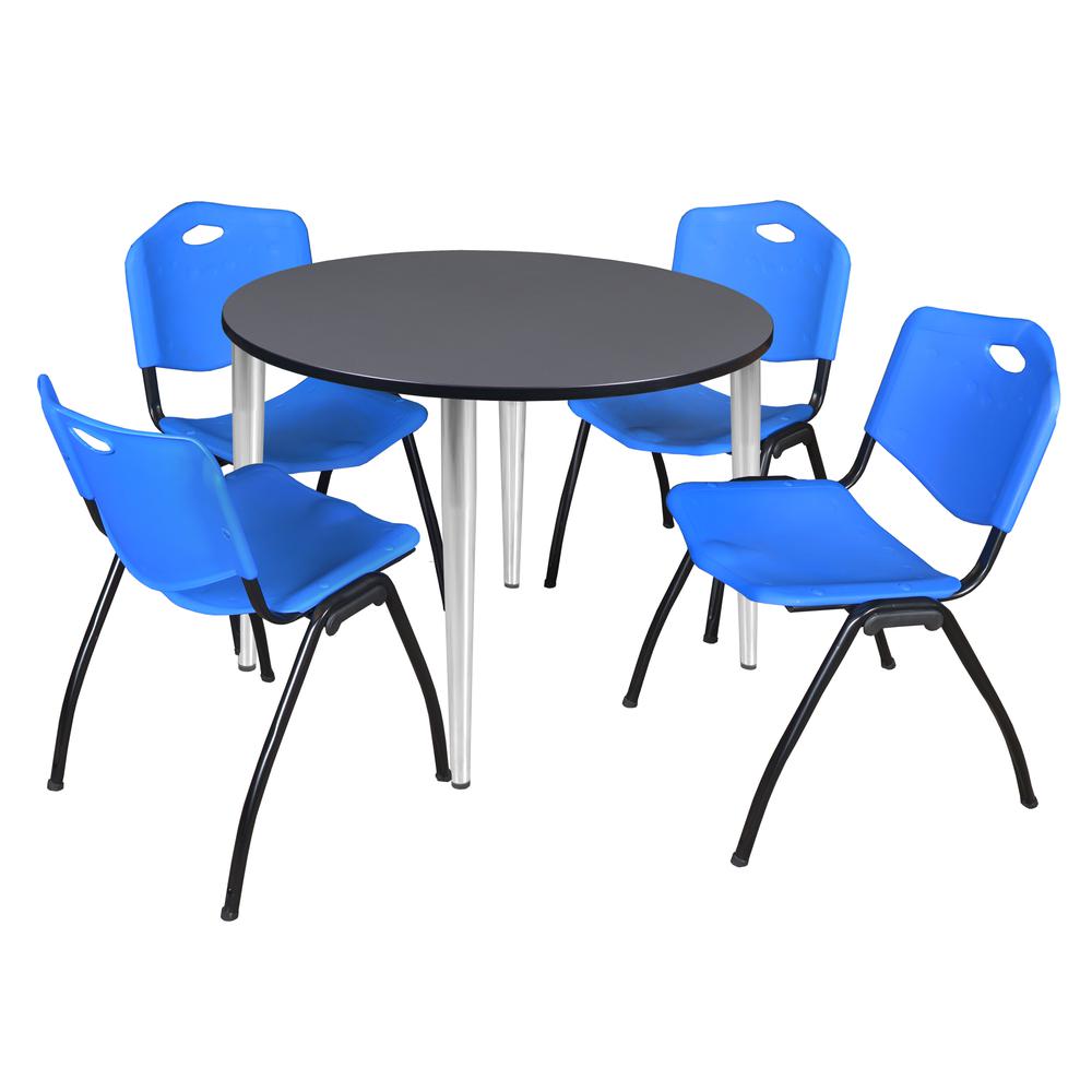 Regency Kahlo 48 in. Round Breakroom Table- Grey Top, Chrome Base & 4 M Stack Chairs- Blue. Picture 1