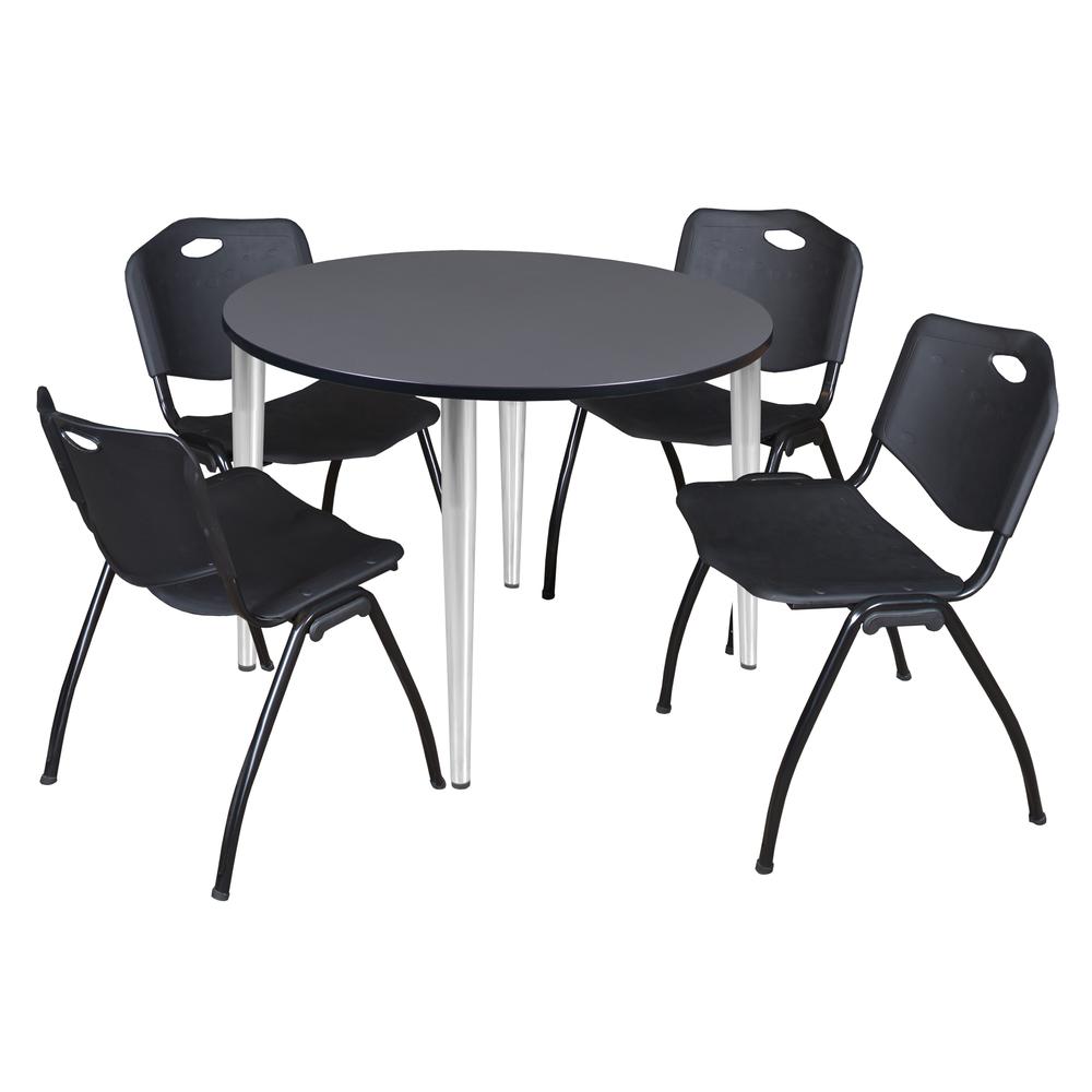 Regency Kahlo 48 in. Round Breakroom Table- Grey Top, Chrome Base & 4 M Stack Chairs- Black. Picture 1