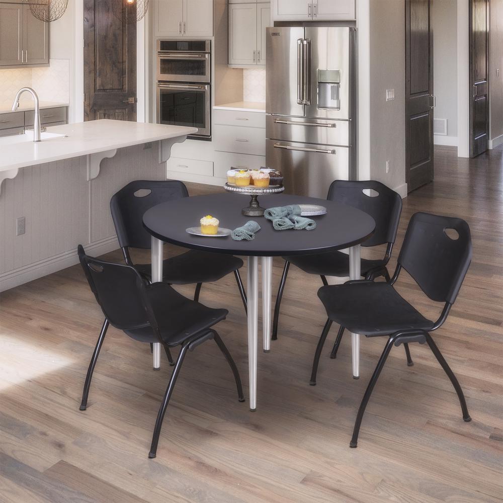 Regency Kahlo 48 in. Round Breakroom Table- Grey Top, Chrome Base & 4 M Stack Chairs- Black. Picture 7