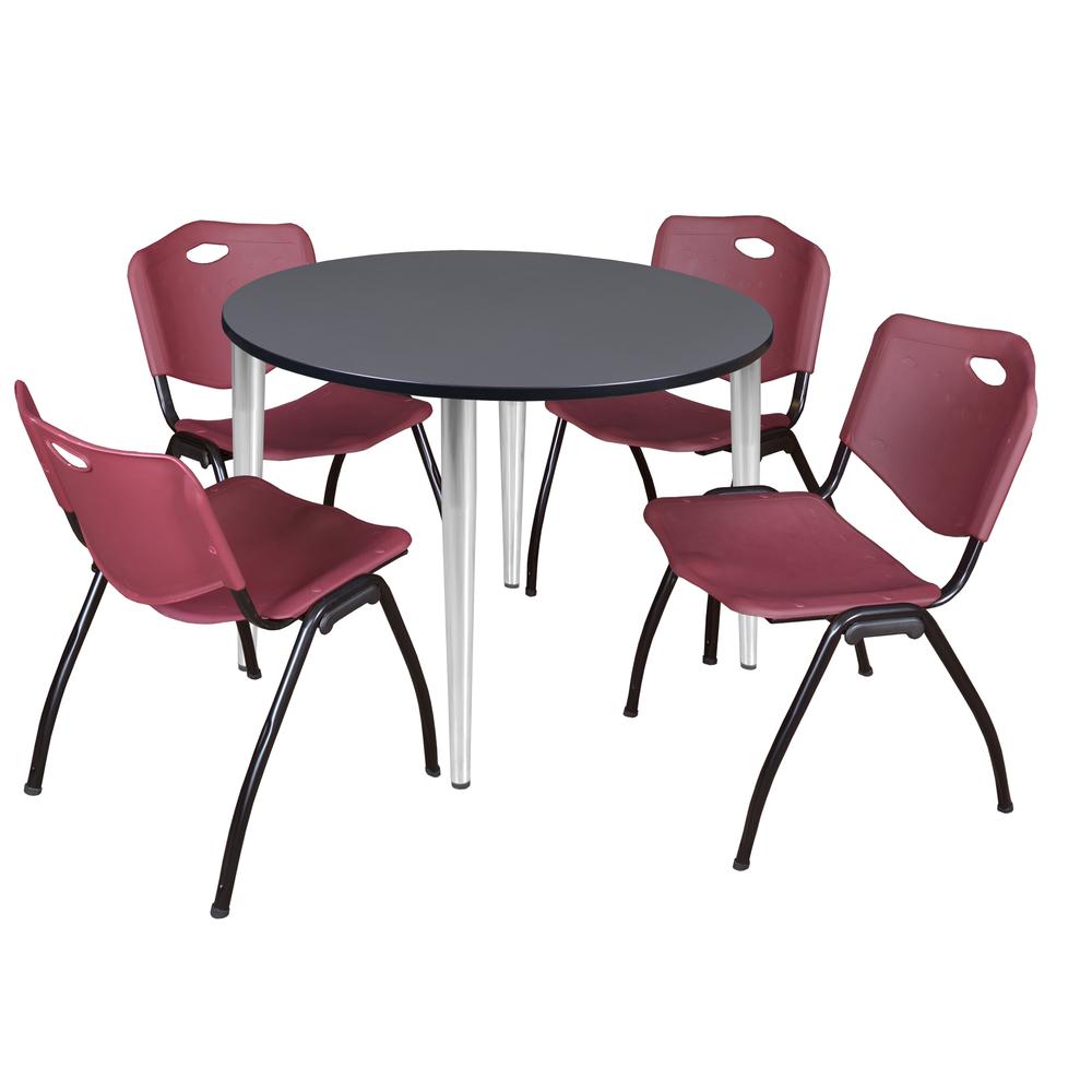 Regency Kahlo 48 in. Round Breakroom Table- Grey Top, Chrome Base & 4 M Stack Chairs- Burgundy. Picture 1