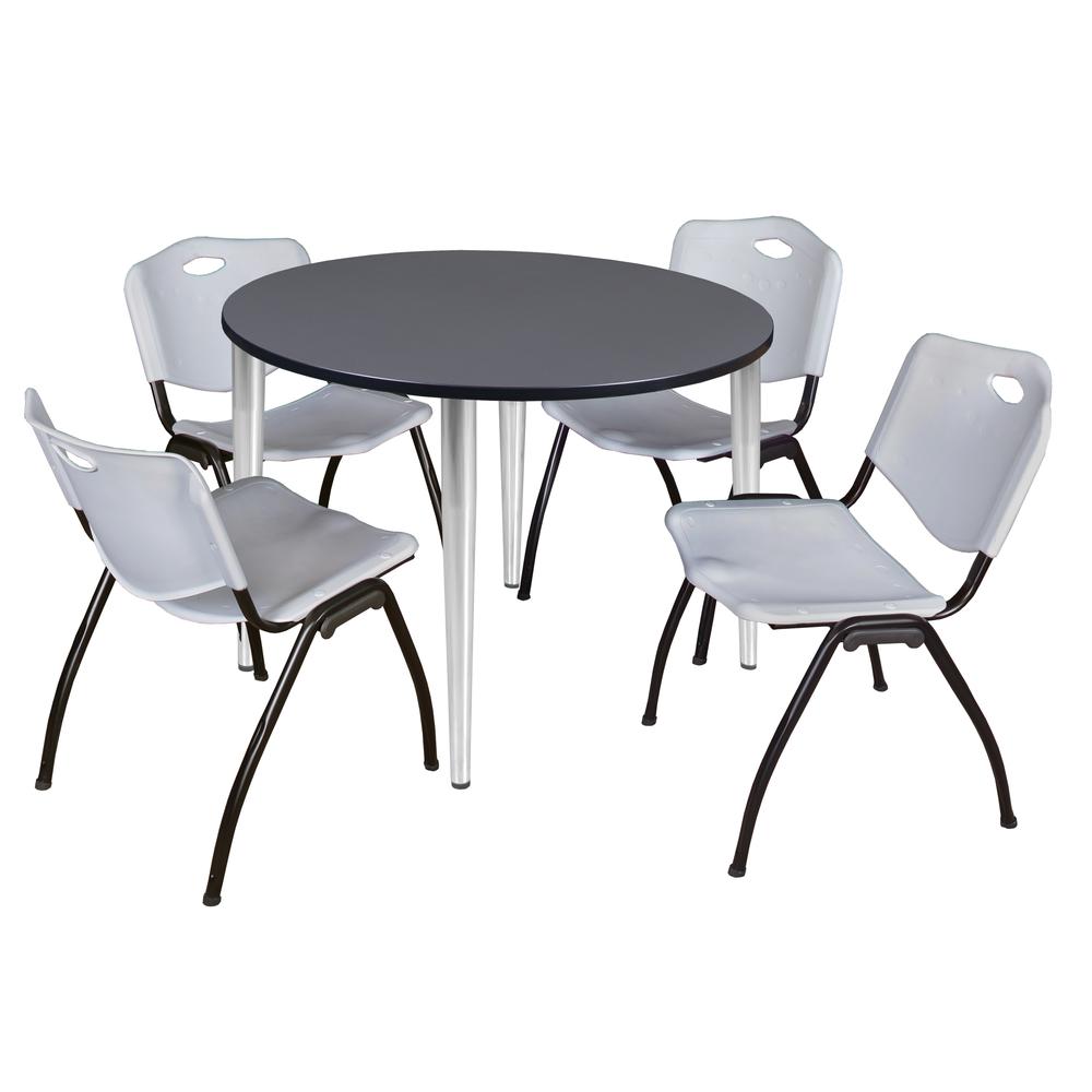Regency Kahlo 48 in. Round Breakroom Table- Grey Top, Chrome Base & 4 M Stack Chairs- Grey. Picture 1